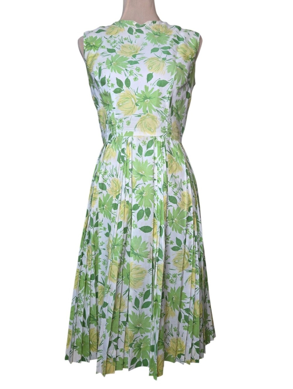 Vintage 1960s Green Yellow Floral Pleated Cotton Dress USA Union Made